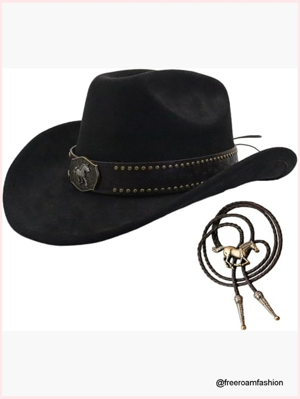 Western Cowboy Hat with Horse Bolo Tie, Suede Cattleman Hat, Unisex